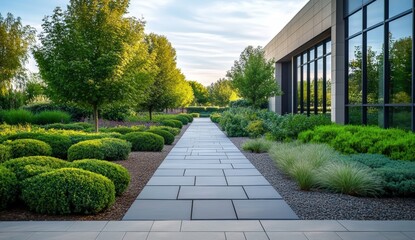 A serene, landscaped pathway lined with lush greenery and modern architecture, creating a harmonious outdoor environment.