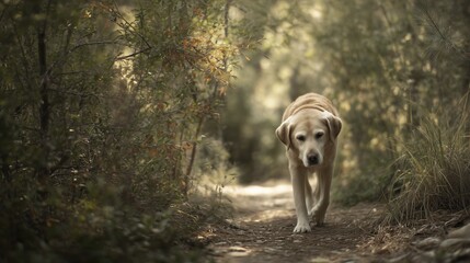 A mature Golden Labrador Retriever wanders along a peaceful forest path, moving with a slight limp as it enjoys the calming greenery of the surroundings. The dog savors the tranqui