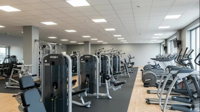 Empty modern gym with fitness equipment, strength training machines, cardio treadmills, and ellipticals for workout.
