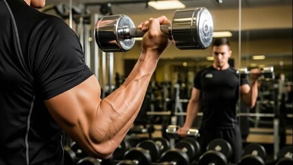 Man performing bicep curls with a dumbbell at the gym, focusing on arm muscle workout and fitness training movement