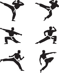 Martial Arts Silhouette Set — Black Vector Collection of Karate and Taekwondo Fighter Poses for Sports Design