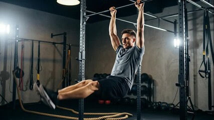 Man doing hanging leg raise ab exercise at the gym. Fitness routine for strengthening core muscles and improving abdominal strength.