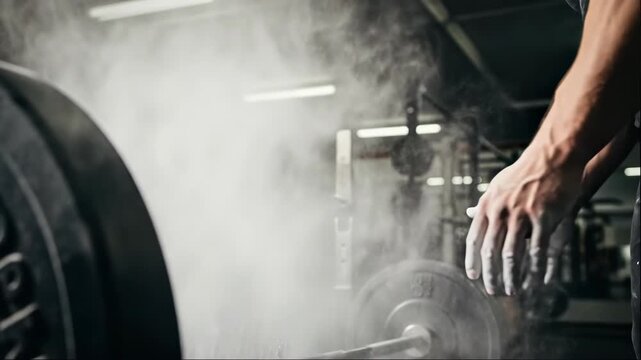 Mans hands clapping with white chalk powder in gym, preparing to lift barbell weight for intense powerlifting workout.