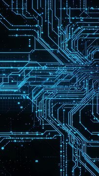 Vertical video: Expanding circuit across digital screen from dark grid with glowing blue lines