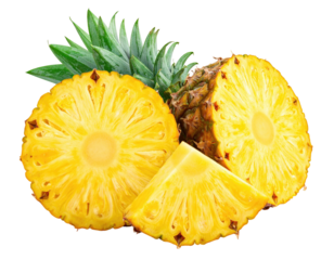 Sliced pineapple circle, chunk, peel, crown detail