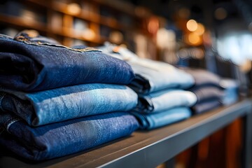 Denim jeans neatly stacked on display in a retail store showcasing various shades and styles