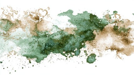 Abstract watercolor forming an earthy green and brown horizontal splash on a white background, creating a modern, textured, artistic backdrop for design elements