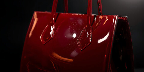 Glossy red handbag with elegant stitching and curved handles on dark background, luxury and sophistication