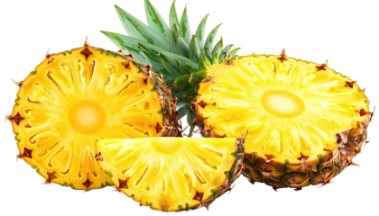 Sliced pineapple with leafy top, bright yellow fruit