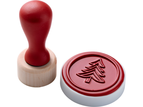 Christmas wax seal stamp with red imprint and festive box isolated on transparent background, perfect for gift wrapping or card mockups.