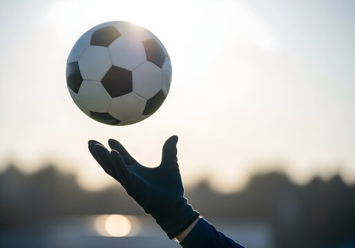 Goalkeeper hand tossing soccer ball in sunlight during training