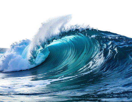 Crashing wave curls, blue depths, foamy crests