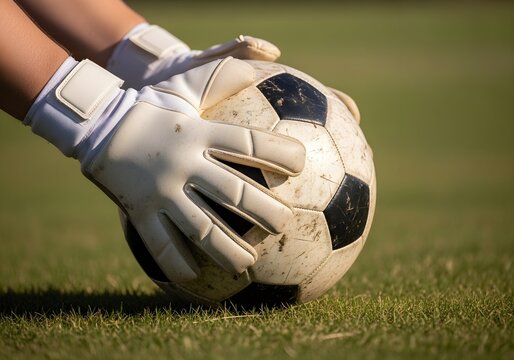 Goalkeeper catching soccer ball on green grass field during match