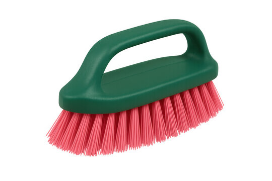 Green plastic scrub brush with pink bristles, a versatile cleaning tool for effective dirt removal and household chores