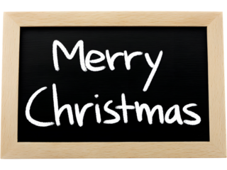 Tiny black chalkboard with wooden frame and “Merry Christmas” text isolated on transparent background, perfect for festive messages or greeting designs.
