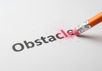 Pencil eraser removing the word obstacle from a white paper surface