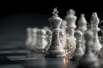 Chess pieces in a modern and abstract style with a focus on the king and intricate details