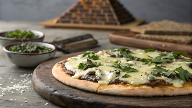 Delicious homemade pizza with fresh herbs and melted cheese on a rustic wooden board - Powered by Adobe