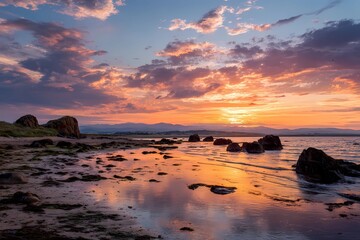 Naklejka premium Colorful sunset over a rocky beach with smooth water reflections in the distance