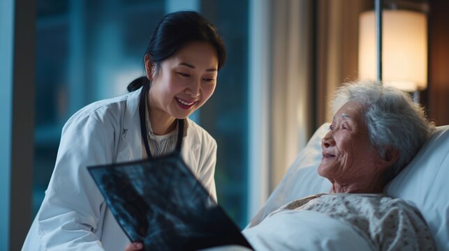 An Asian doctor smiles while showing an X-ray to an elderly woman in a hospital bed, explaining the details with care and attention. This interaction highlights the nurturing envir
