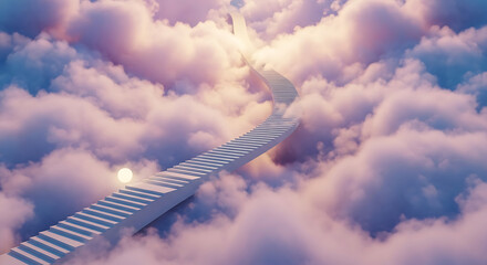 Stairway leading up through pink and white clouds with a glowing light at the top of the stairs
