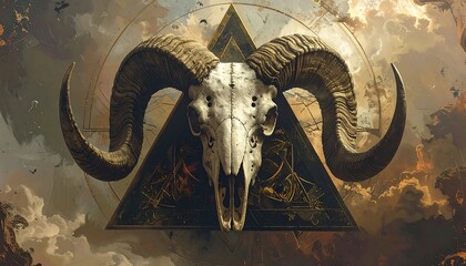 Ram skull with intricate triangle and celestial background.