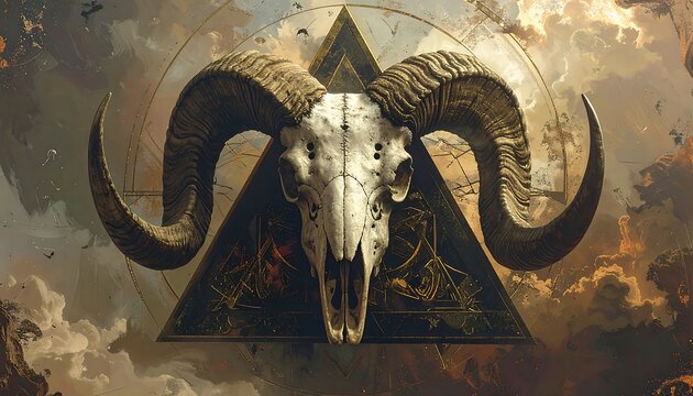 Ram skull with intricate triangle and celestial background.