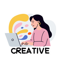 Woman creative work. Designer using laptop, inspiration and motivation in project. New idea and online brainstorming. Programmer or freelancer. Student education. Vector cartoon isolated illustration