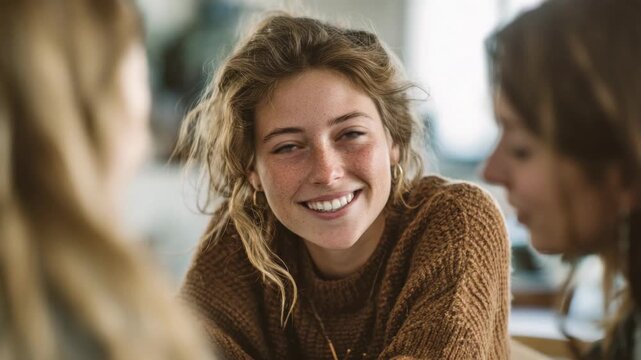Friends enjoying a warm conversation in a cozy cafe during a sunny afternoon