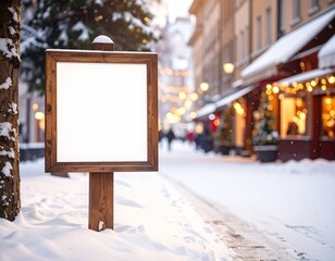 Outdoor Display Template: Rustic Wooden Sign in Snow-Covered City Street, Illuminated Shops Background.
