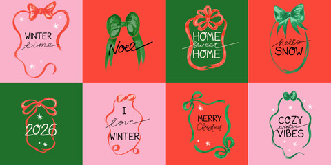 Christmas ribbon and bow card. Scribble crayon frame, design square poster template. Card and invitation postcard, doodle hand drawn element. Sale and discount winter decorative vector isolated set