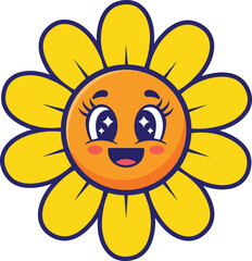 Cheerful Sunflower Cartoon Character Cute Flower with a Smile Happy Floral Face Yellow Petals Joyful Expression Kids