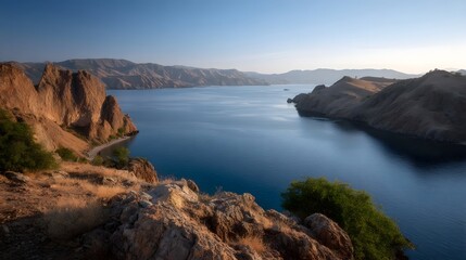 Fototapeta premium Serene coastal landscape with calm blue water and rugged cliffs under morning light