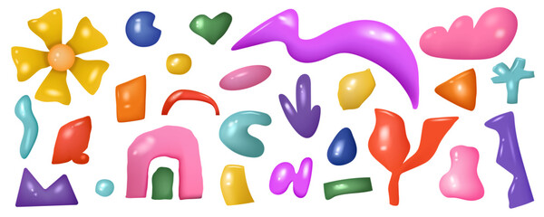 3d Abstract shapes. Organic geometric forms, cute colorful glossy elements, liquid doodle art graphic for design. Creative fluid y2k minimal blob, flower and rainbow. Vector isolated illustration set