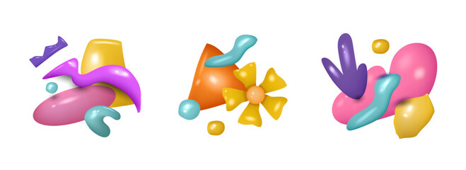 3d Abstract composition. Organic geometric forms background, cute colorful glossy elements, liquid doodle art graphic for design. Creative fluid y2k minimal blob. Vector isolated illustration set