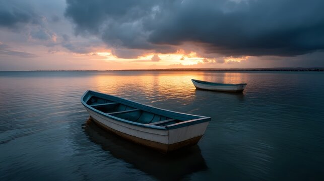 Two boats float on calm water under dramatic cloudy skies at sunset - Powered by Adobe