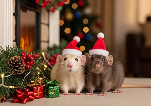 Festive Christmas Rats Wearing Santa Hats in Cozy Holiday Living Room Scene with Christmas Tree, Gifts and Warm Decoration &ndash; Cute Holiday Pet Photography