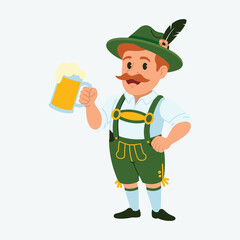 Cartoon man in green lederhosen and hat holding a frothy beer mug vector vector illustration