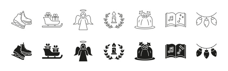 Christmas Celebration Elements In Line, Outline, And Glyph Icon Set. Festive Holiday And Christmas Celebration Symbol Collection. Seasonal Designs And Decorations. Isolated Vector Illustration