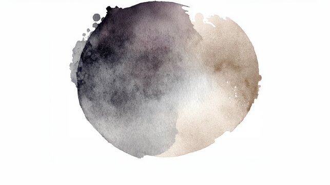 Abstract watercolor circle with a soft atmospheric gradient of brown, grey and black tones, subtle splashes and texture for minimalist, elegant backgrounds and design use