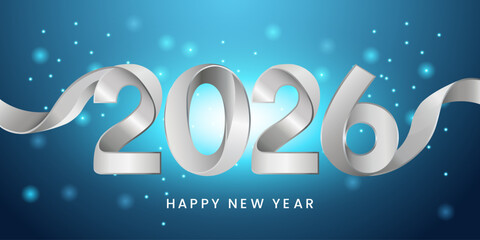 Silver 2026 ribbon New Year s elegance on blue Festive future celebration sparkling design festive greeting card season