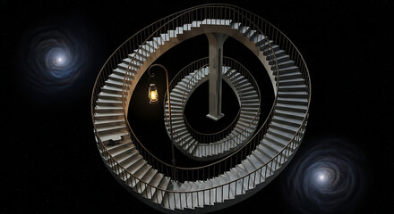 Spiral staircase illuminated by a lantern with galaxies in the dark night sky background scene