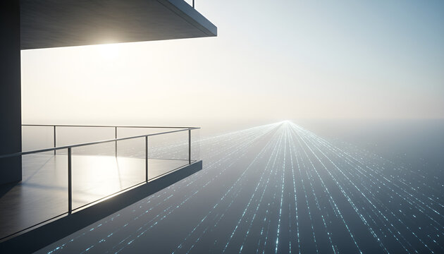 Modern balcony view of converging digital light streams over a vast foggy ocean. - Powered by Adobe