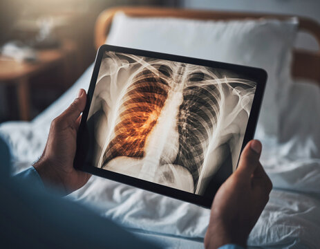 Person holding tablet showing chest X-ray with lung infection highlighting pneumonia
