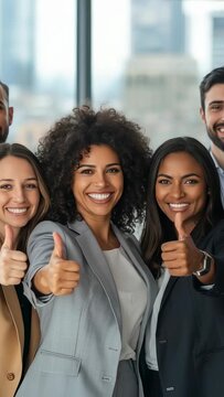 Vertical video: Colleagues in suits holding thumbs-up in office, lens zooming for affirmation