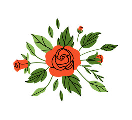 Roses composition. Red flowers and green leaves. Decorative element, frame, border and divider, underline. Bouquet with blossoms. Botanical garland. Vector cartoon flat style isolated illustration