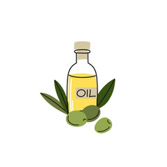 Olive oil in glass jar. Berries on plate and leaves. Cooking organic product. Bottle with liquid. Natural extra virgin. Diet vegan ingredient. Healthy food. Vector cartoon flat isolated illustration