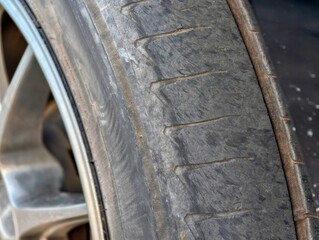 Close-up of worn-out car tire showing damaged tread and cracks, symbolizing unsafe driving condition, vehicle maintenance, repair and road safety awareness concept.