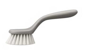 Gray plastic scrub brush with white bristles for dishwashing, cleaning kitchens, and household chores, transparent background