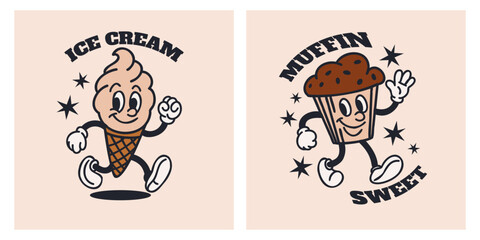 Happy muffin and ice cream. Fast food sweet chocolate dessert character. Vintage mascot waving hands. Hot and tasty cafe and restaurant label or emblem. Poster or card vector cartoon flat illustration